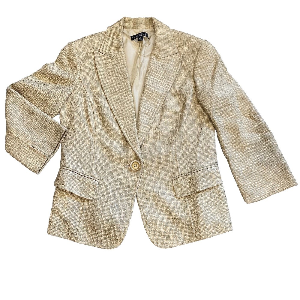Lafayette 148 women's Jacket 8 blazer tan tweed 3/4 cotton blend M career